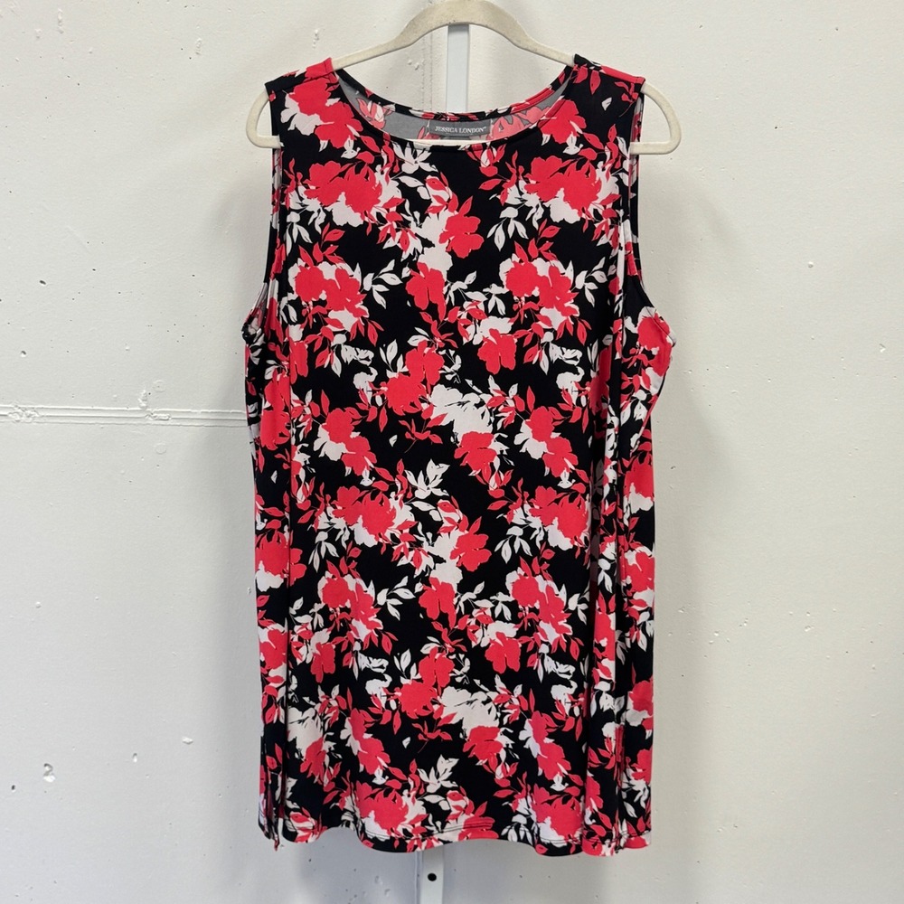 Jessica London Floral Sleeveless Tunic Top Pink Black Plus Size‎ 22/24 Stretch